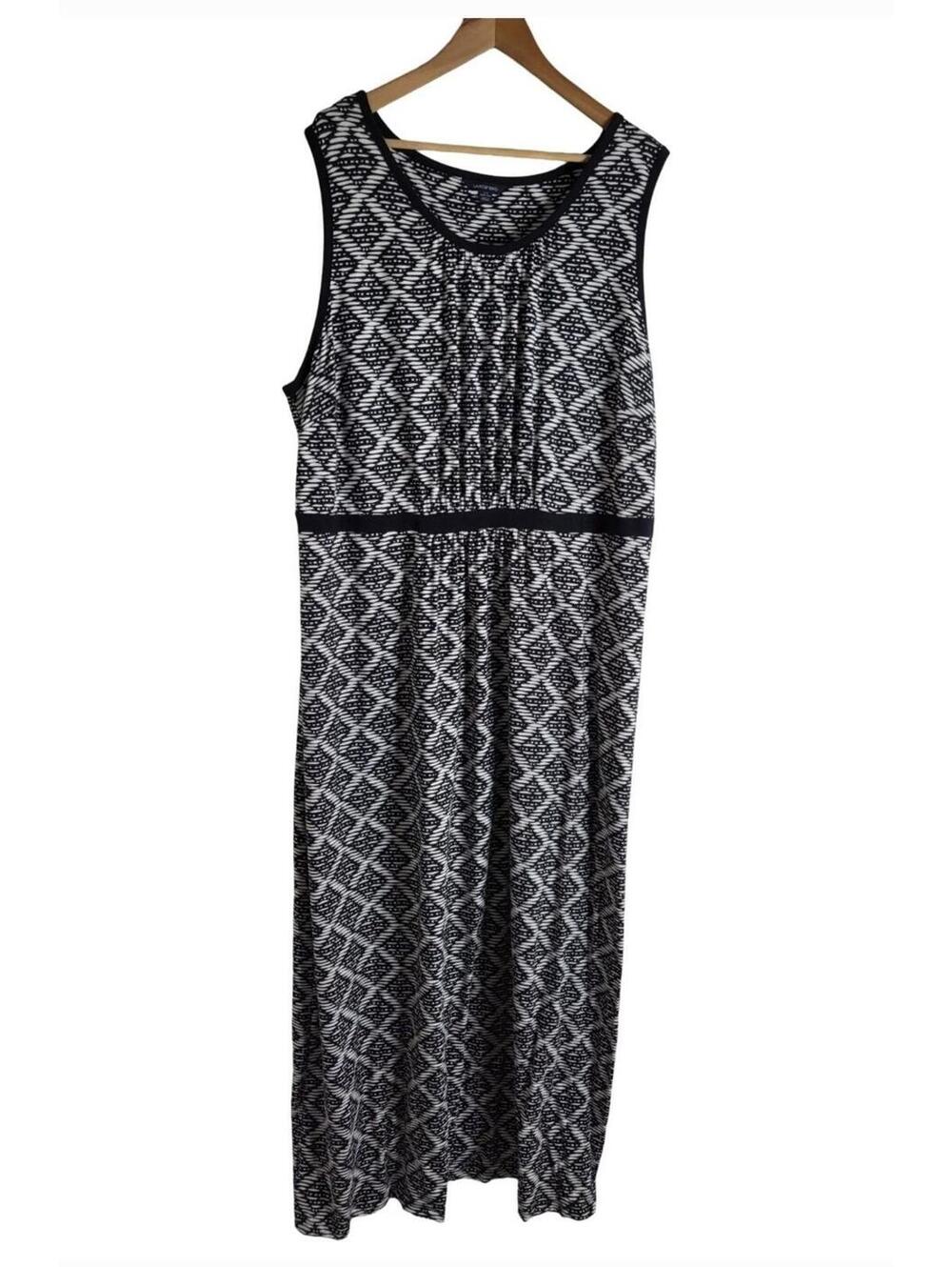 Lands' End Sleeveless Shirred Maxi Dress White Black Geometric Pattern Sz 3X